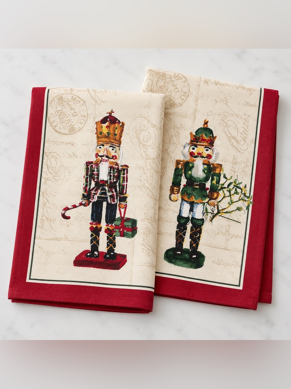Williams Sonoma Set of 2 Vintage Nutcracker Holiday Kitchen Tea Towels Red Cream